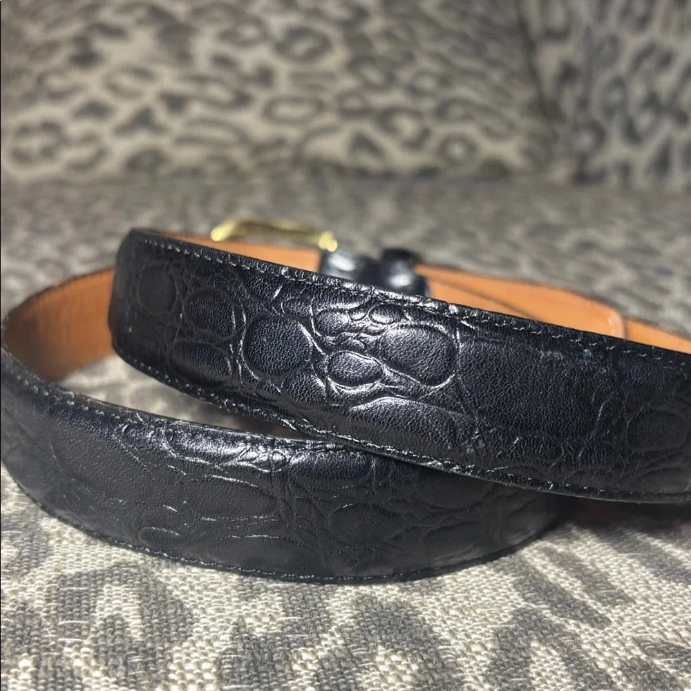 Vintage peterborough Row Black Leather Belt Gold Buckle alligator embossed 36